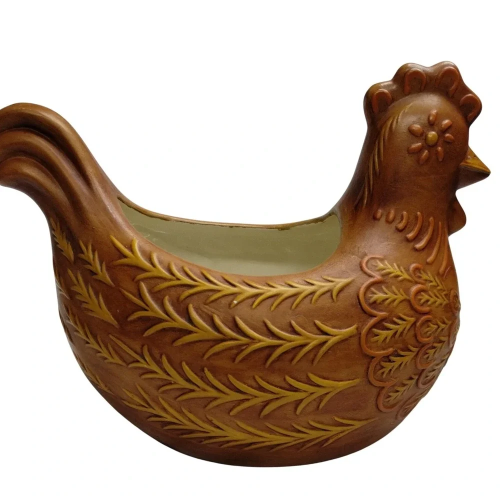 Vintage Ceramic Chicken Planter Brown Yellow Mid Century‎ Farmhouse Decor
